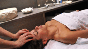 Relaxing Indian head massage treatment during a professional spa therapy session